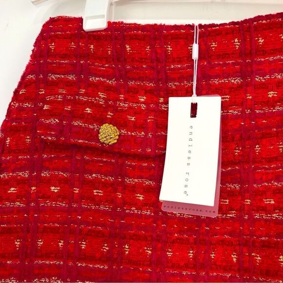 Anthropologie Endless Rose Red Tweed Gold Sparkle Holiday Mini Skirt - Picture 6 of 15